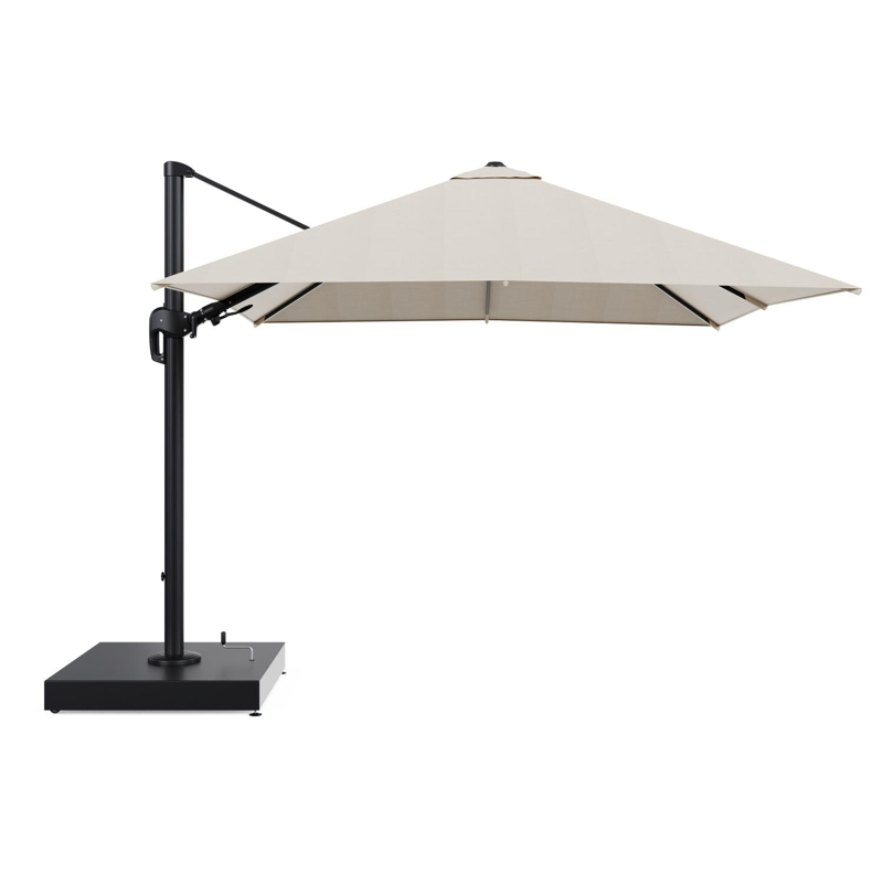 Parasol pendant Rufina avec fonction tilt en aluminium noir et toile de parasol All Weather Sunbrella® Premium beige - Lg.1 300 x Lg.2 300 cm avec pied de parasol Minore 260 kg avec roulettes