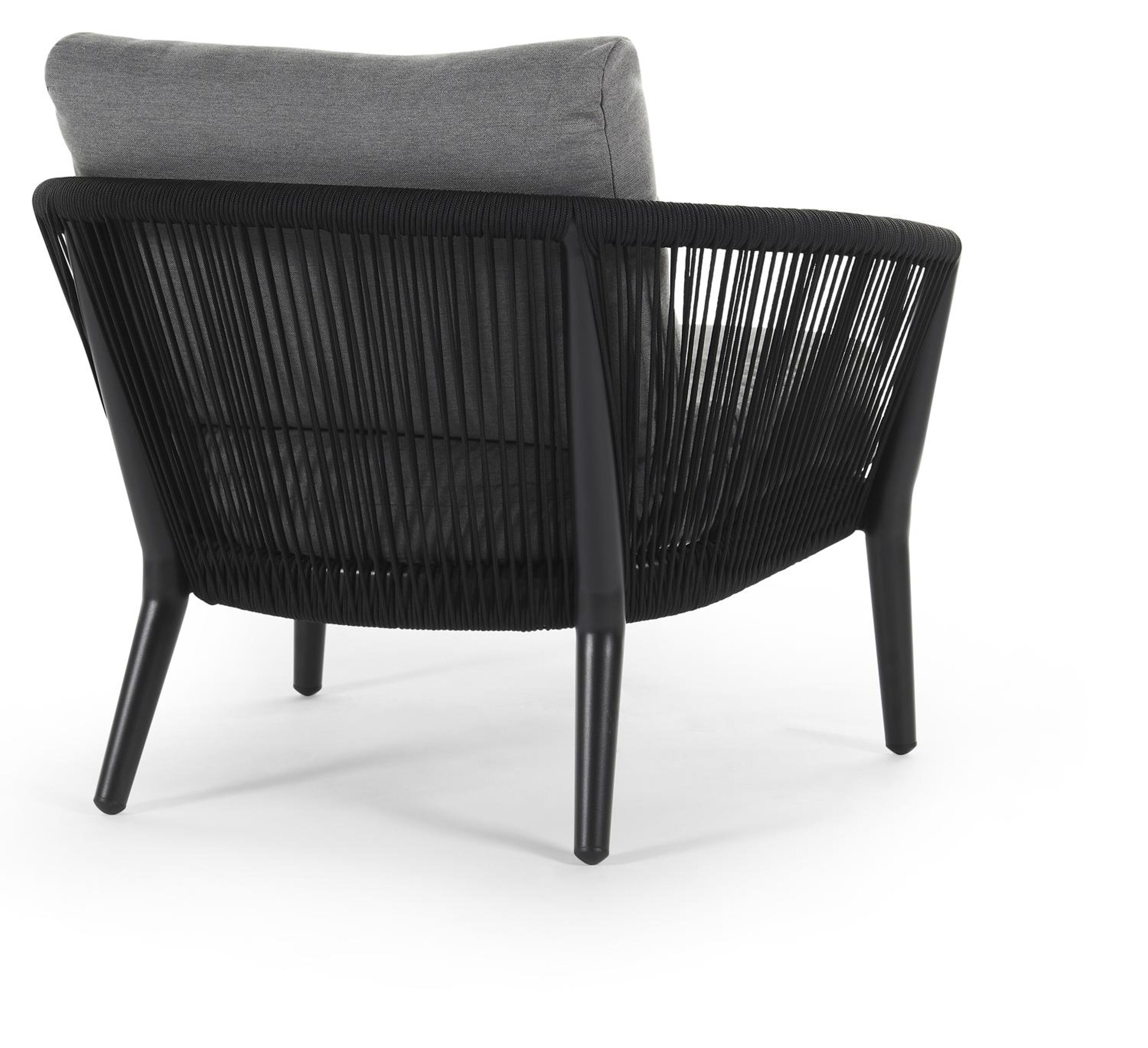 Orso loungestoel 1-zit in zwart aluminium en zwart verticaal geweven ronde rope met natte charcoal chine all weather sunbrella® luxe kussen