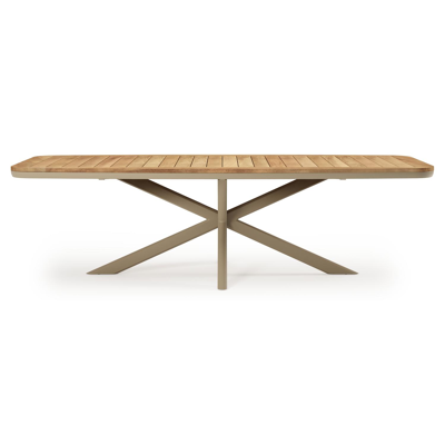 Table de jardin Pamplona forme de bateau en aluminium beige et teck - Lg. 267.4 x Lrg. 115 x Haut. 73 cm