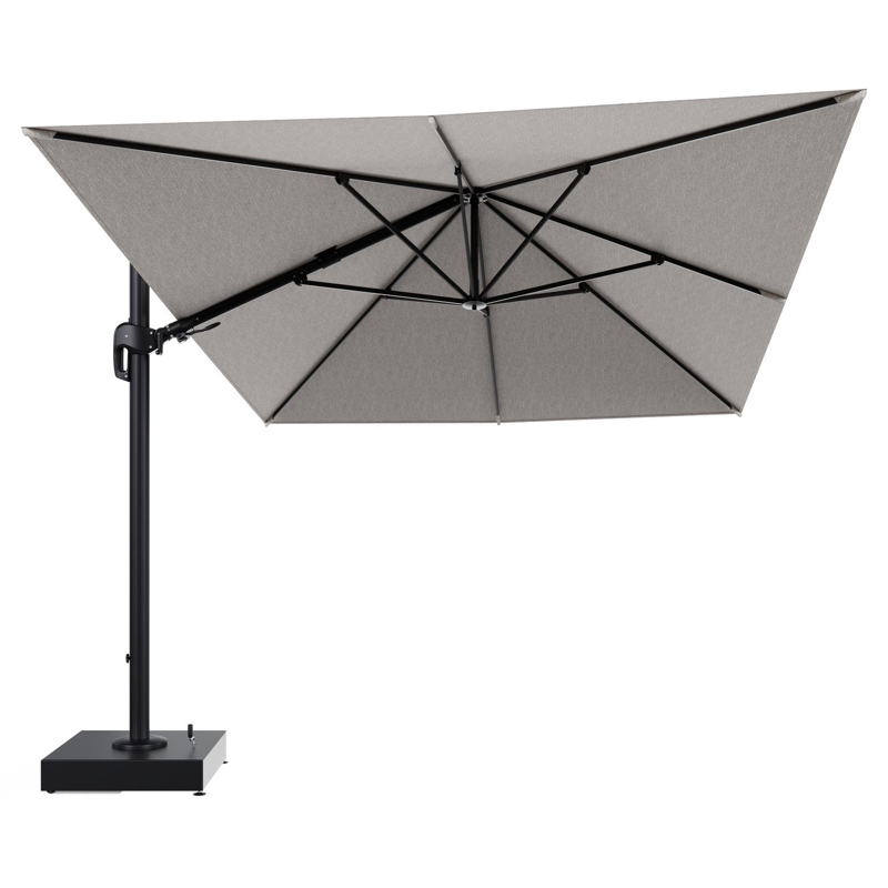 Rufina zweefparasol met tiltfunctie in zwart aluminium en Tundra Sand All Weather Sunbrella® Luxe parasoldoek - L1 400 x L2 300 cm met parasolvoet Minore 150 kg met wielen