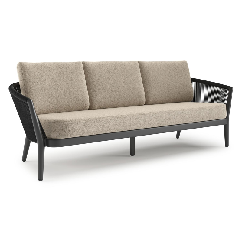Orso loungebank in zwart aluminium en zwart verticaal geweven ronde rope met Marbella Beige all weather cosytica kussen