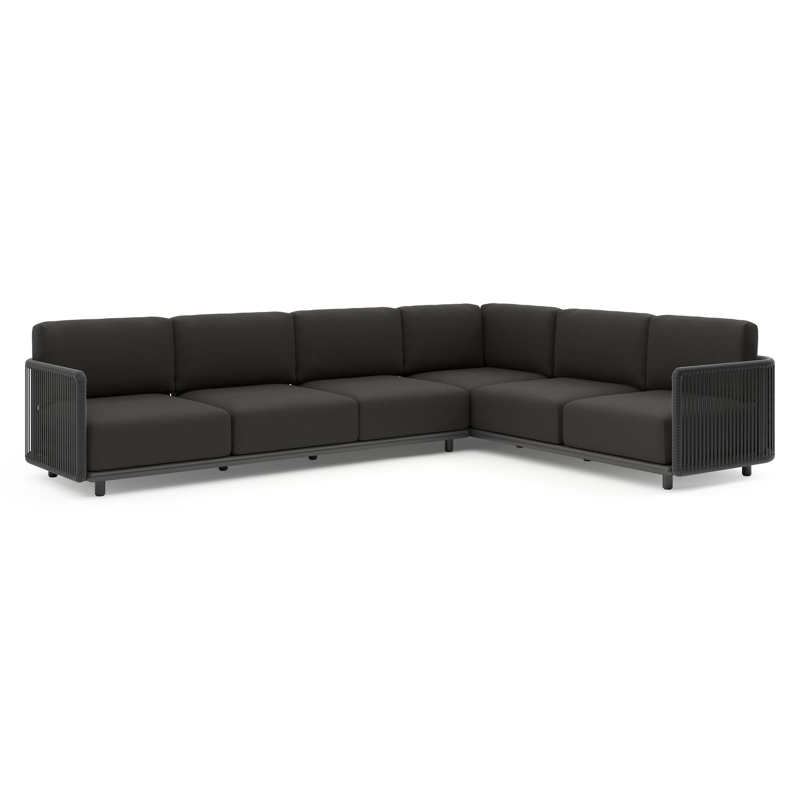 Organo loungehoek in zwart aluminium en zwart verticaal geweven luxe vlakke rope met heritage char all weather Sunbrella® luxe kussen