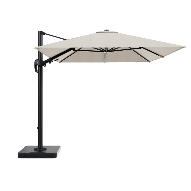 Rufina zweefparasol tiltfunctie in zwart aluminium en parasoldoek in All Weather Sunbrella® Premium Beige - L1 350 x L2 250 cm met parasolvoet Lapido 160 kg