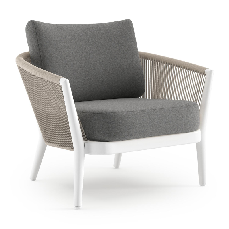 Fauteuil de jardin Orso en aluminium blanc en corde ronde tissée verticalement beige et coussins en all weather sunbrella® luxe Heritage Slate