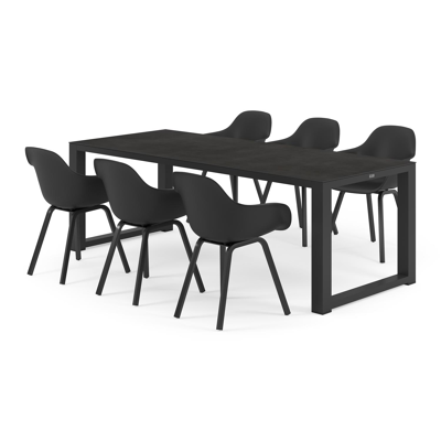 Livo tuinset in zwart aluminium en zwart volkeramiek tafelblad met 6 Puglia tuinstoelen