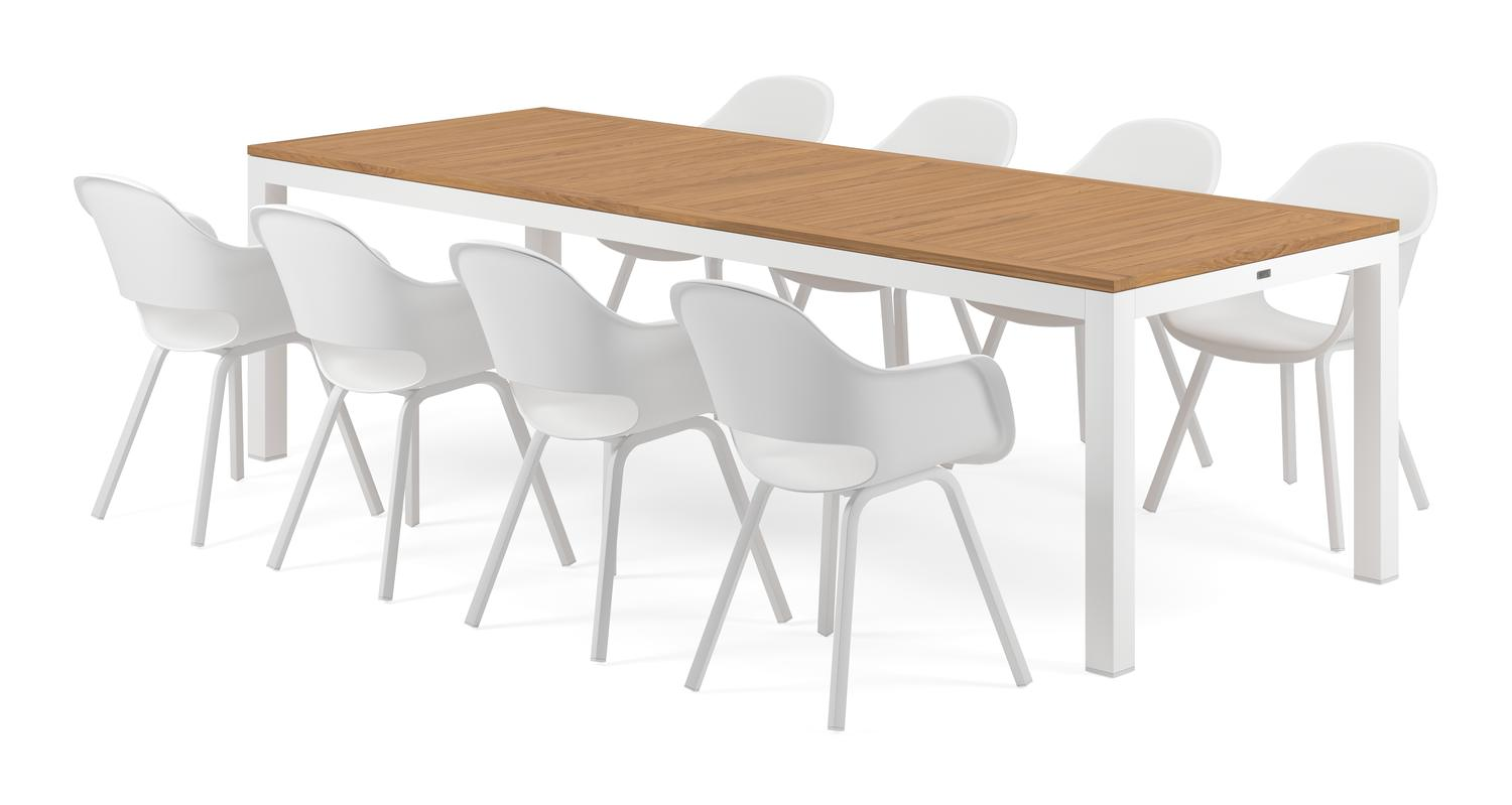 Varese tuinset in wit aluminium en naturel teak tafelblad met 8 Artena tuinstoelen