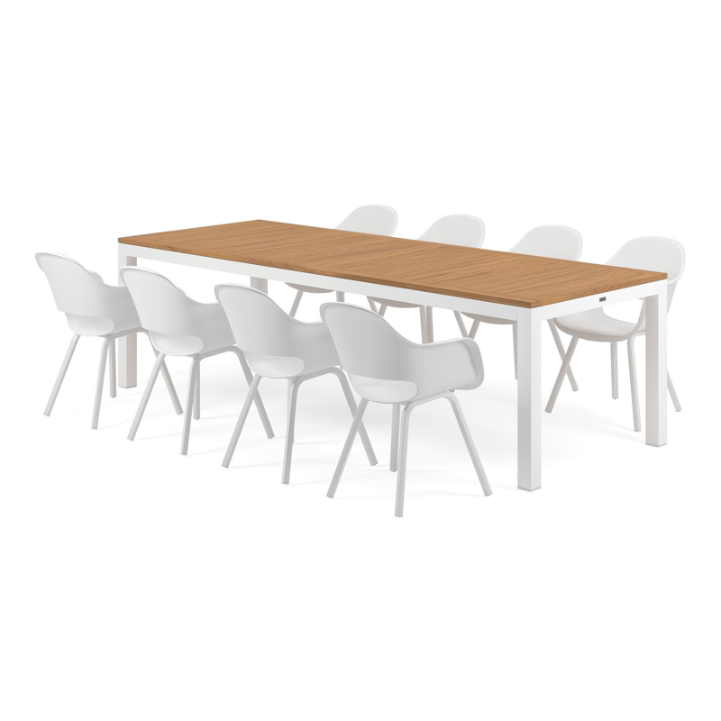 Varese tuinset in wit aluminium en naturel teak tafelblad met 8 Artena tuinstoelen