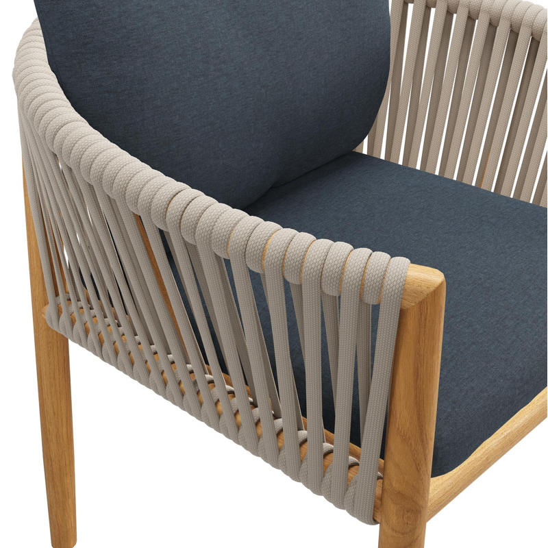 Chaise de jardin Organo en teck naturel et corde luxe plate tissée verticalement beige avec coussin en All Weather Sunbrella® Luxe Heritage Indigo