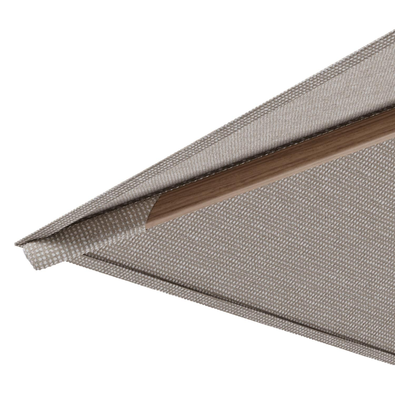 Rufina zweefparasol met tiltfunctie in houtlook aluminium en Slow Farafra All Weather Sunbrella® Luxe parasoldoek - L1 300 x L2 300 cm met parasolvoet Minore 260 kg met wielen