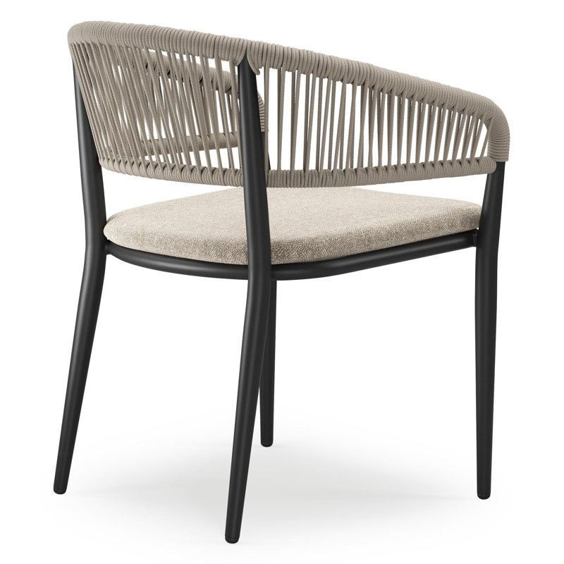 Tolfa stapelbare tuinstoel in zwart aluminium en beige verticaal geweven ronde rope met stoelkussen in All Weather Sunbrella® Luxe Chartres Pewter
