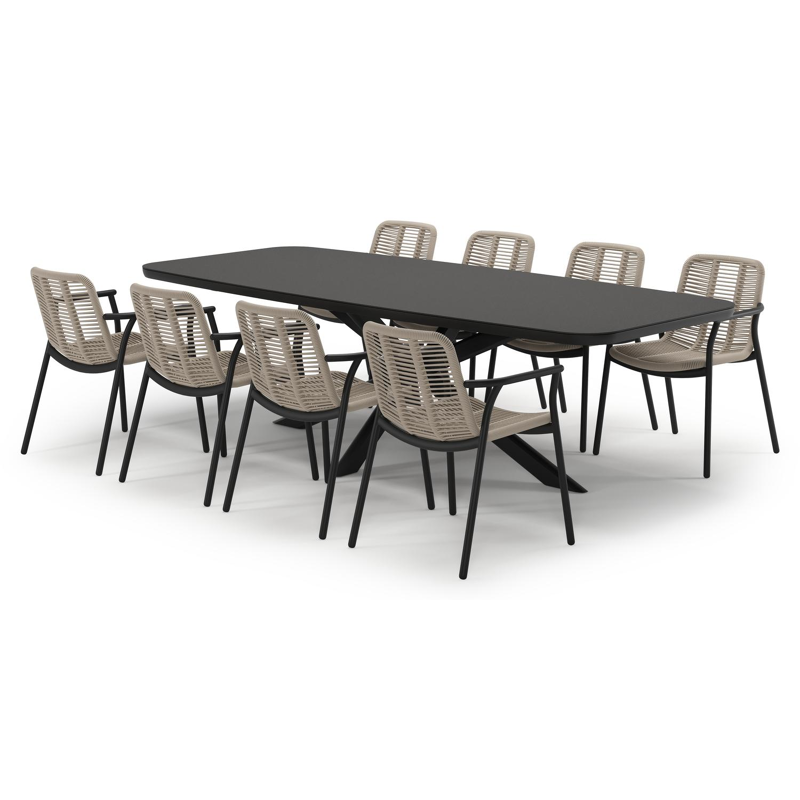 Pamplona tuinset in zwart aluminium en notte minerale sintered stone met 8 stapelbare Berga tuinstoelen