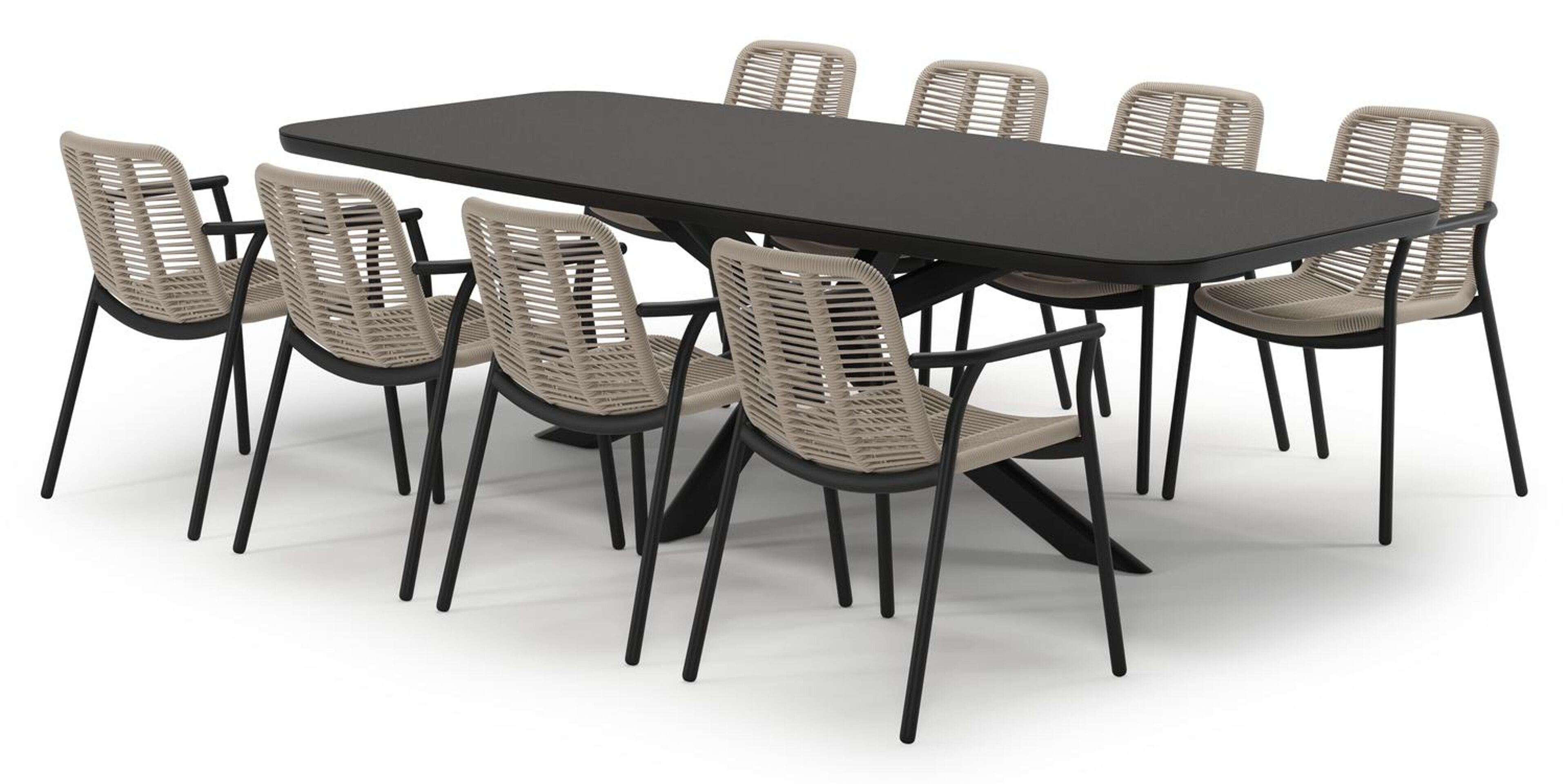 Pamplona tuinset in zwart aluminium en notte minerale sintered stone met 8 stapelbare Berga tuinstoelen