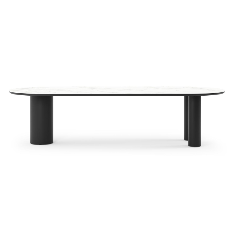 Table de jardin Organo oval en aluminium noir et céramique pleine Calacatta - Lg. 300 x Lrg. 110 x Haut. 74 cm