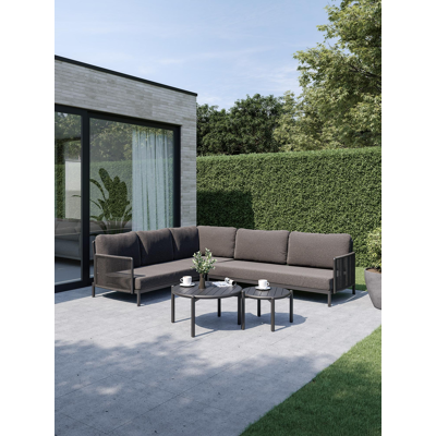 Amarante loungehoek in zwart aluminium en verticaal geweven ronde rope met zwart weather+ softtouch kussens