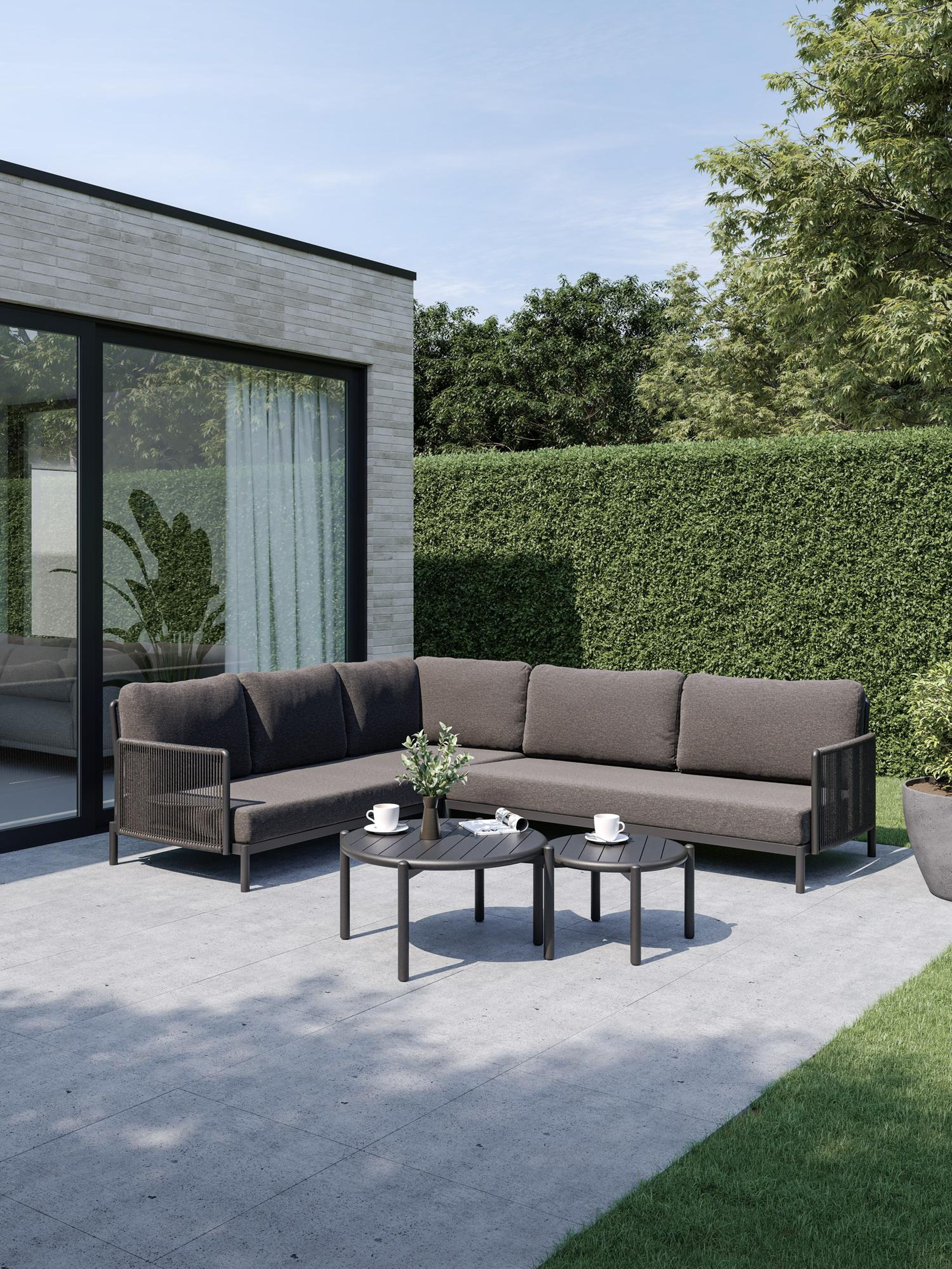 Amarante loungehoek in zwart aluminium en zwart verticaal geweven ronde rope met zwart Weather+ Softtouch kussen