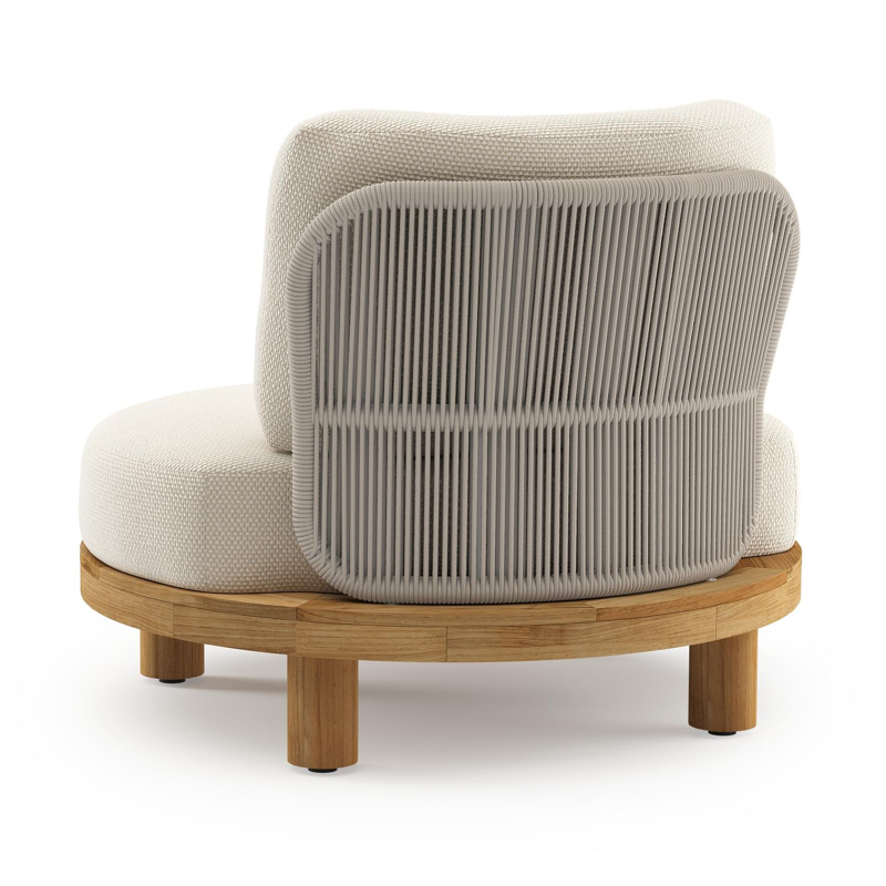 Donato loungestoel in teak en beige verticaal geweven ronde rope met all weather cosytica Althea Off White kussen