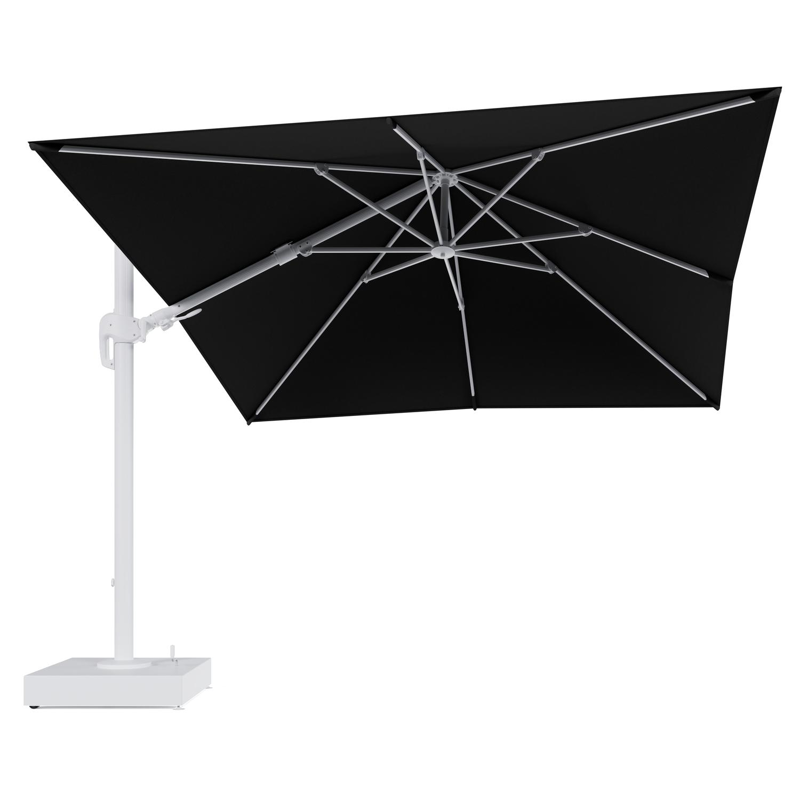 Rufina zweefparasol met tiltfunctie in wit aluminium en Natte Sooty All Weather Sunbrella® Luxe parasoldoek - L1 300 x L2 300 cm met parasolvoet Minore 150 kg met wielen