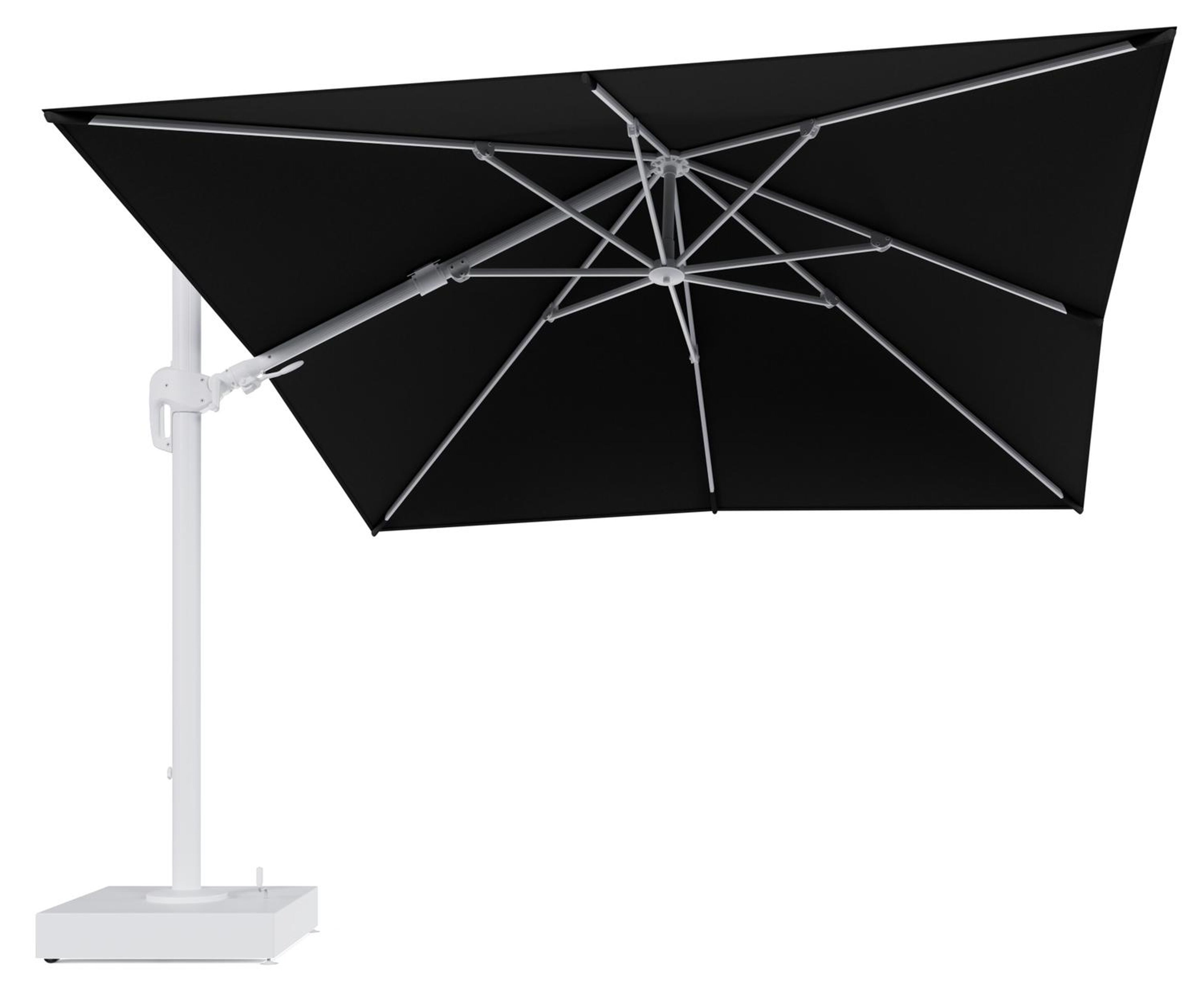 Rufina zweefparasol met tiltfunctie in wit aluminium en Natte Sooty All Weather Sunbrella® Luxe parasoldoek - L1 300 x L2 300 cm met parasolvoet Minore 150 kg met wielen