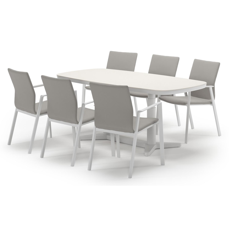 Tarsia tuinset bootvorm in wit aluminium en sintered stone Crema minerale met 6 Madura tuinstoelen