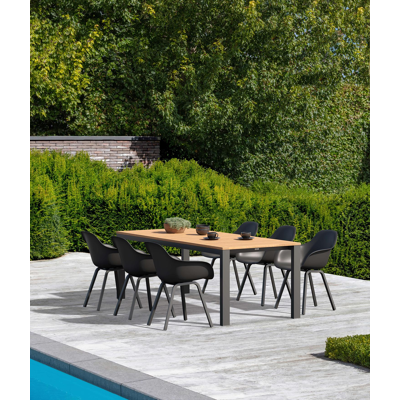 Ensemble de jardin Trente en aluminium noir avec plateau de table en teck naturel et 6 chaises de jardin Puglia