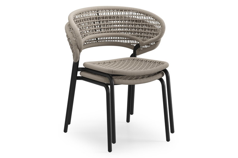 Donato XL tuinstoel in zwart aluminium en beige vierkant geweven ronde rope