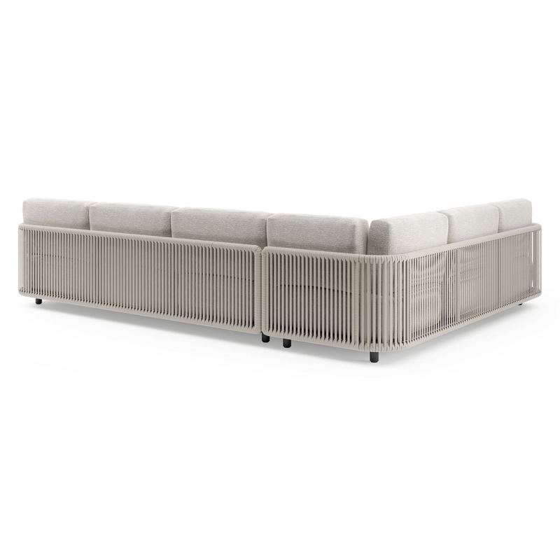 Organo loungehoek in zwart aluminium en beige verticaal geweven luxe vlakke rope met tundra sand all weather Sunbrella® luxe kussen