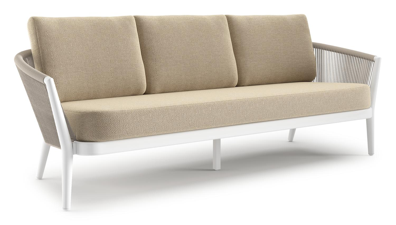 Orso loungebank in wit aluminium en beige verticaal geweven ronde rope met Althea Camel all weather cosytica kussen