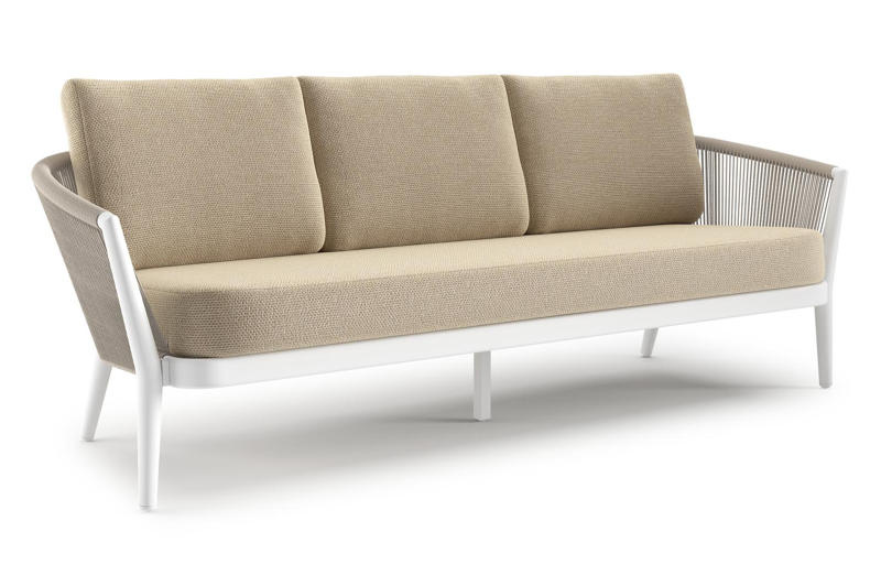 Canapé de jardin Orso en aluminium blanc en corde ronde tissée verticalement beige et coussins en all weather cosytica Althea Camel