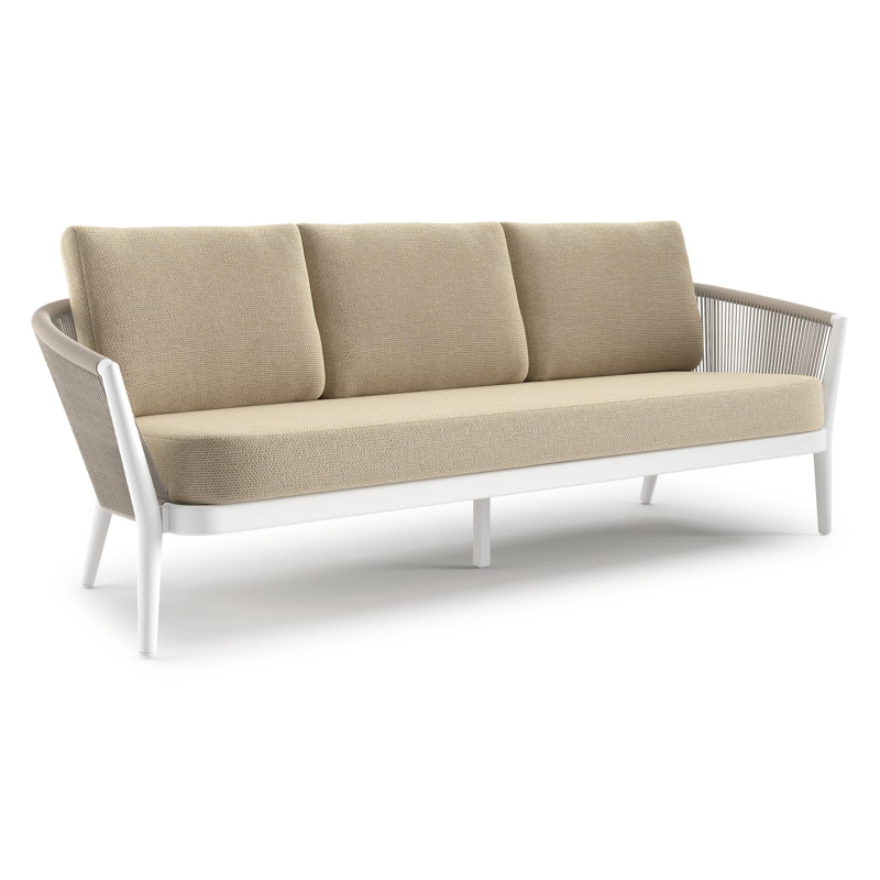 Canapé de jardin Orso en aluminium blanc en corde ronde tissée verticalement beige et coussins en all weather cosytica Althea Camel