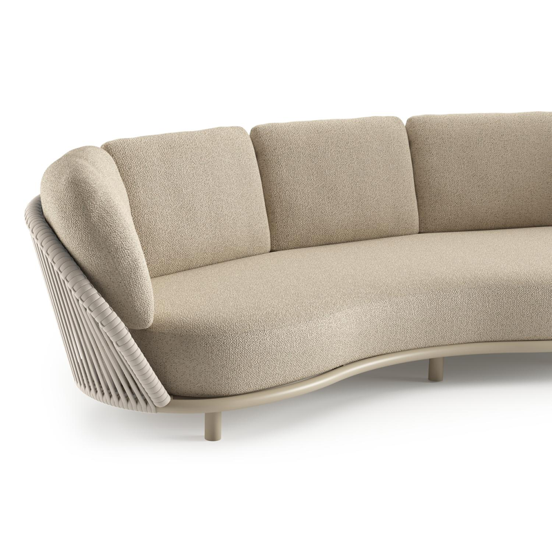 Lupino loungebank in beige aluminium en beige verticaal geweven luxe vlakke brede rope met bora forest all weather cosytica kussen