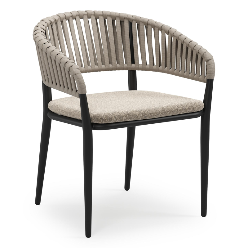 Tolfa stapelbare tuinstoel in zwart aluminium en beige verticaal geweven luxe vlakke brede rope met stoelkussen in All Weather Sunbrella® Luxe Chartres Pewter