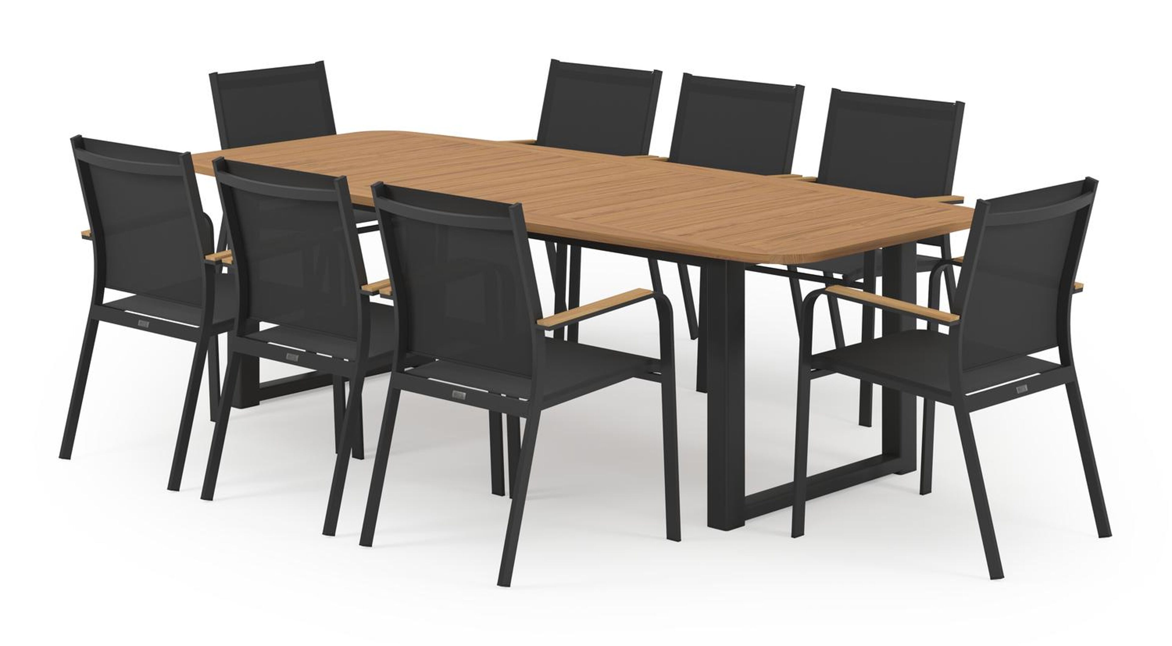 Livo tuinset in zwart aluminium en natural finish teak tafelblad met 8 stapelbare Amalfi tuinstoelen