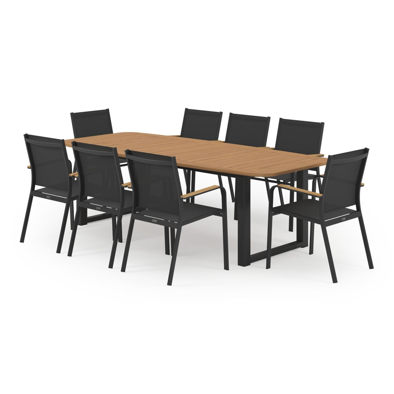 Livo tuinset in zwart aluminium en natural finish teak tafelblad met 8 stapelbare Amalfi tuinstoelen