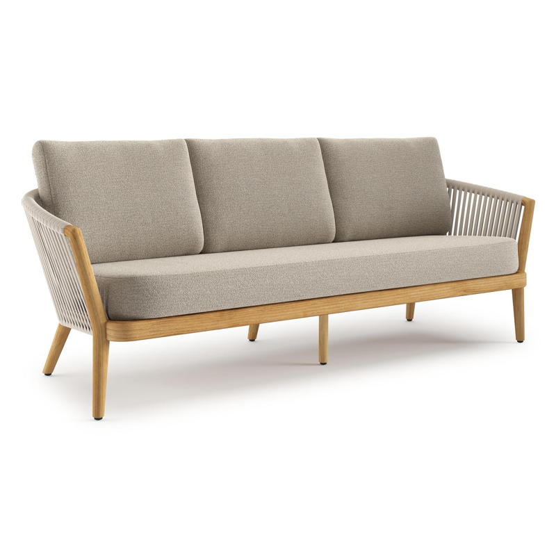 Orso loungebank in teak en beige verticaal geweven luxe vlakke rope met Catania Greige all weather cosytica kussen