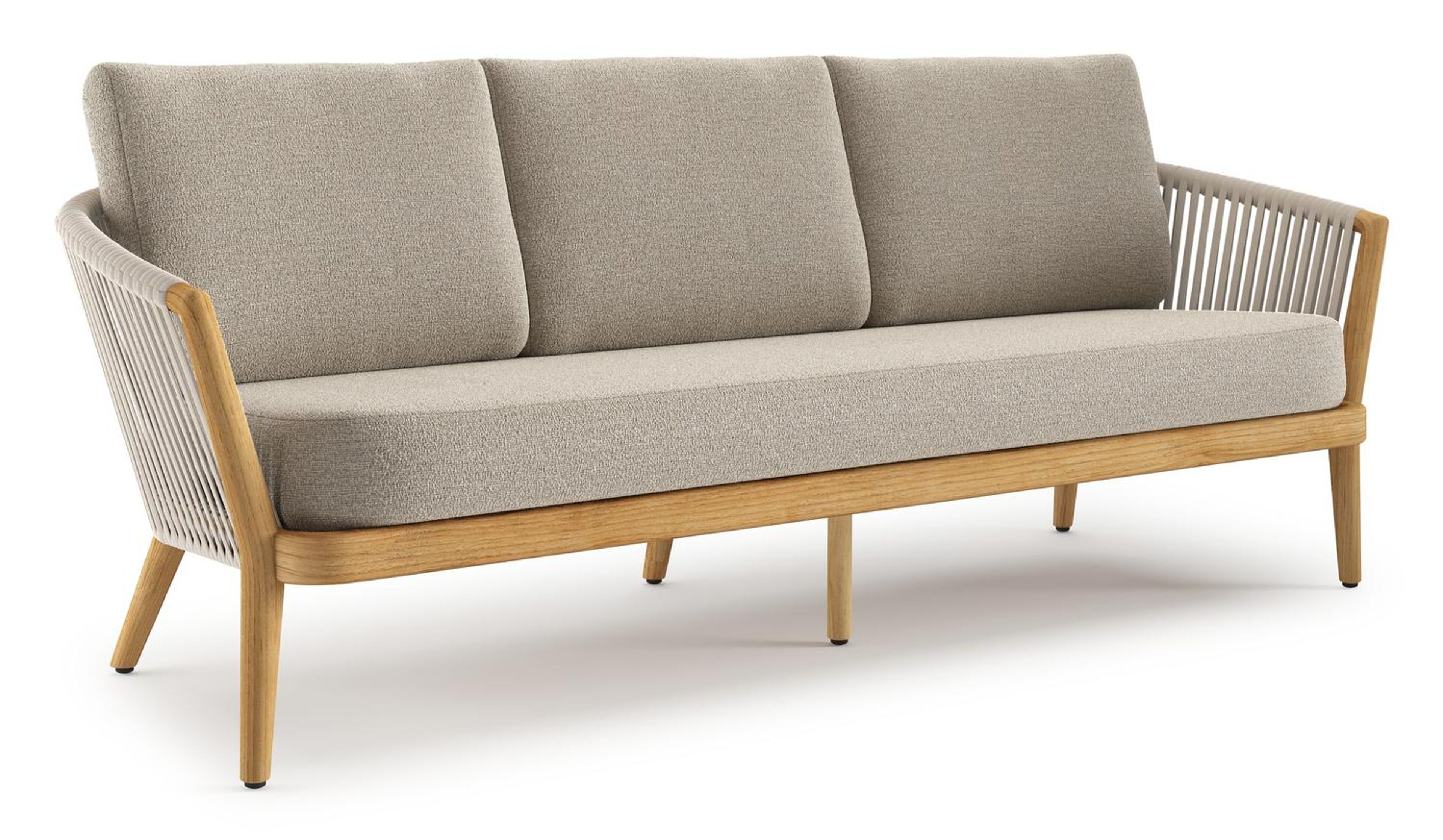 Orso loungebank in teak en beige verticaal geweven luxe vlakke rope met Catania Greige all weather cosytica kussen