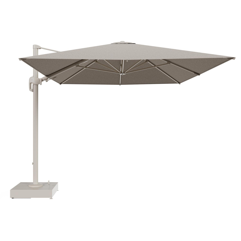 Rufina zweefparasol met tiltfunctie in beige aluminium en Chartres Pewter All Weather Sunbrella® Luxe parasoldoek - L1 400 x L2 300 cm met parasolvoet Minore 150 kg met wielen