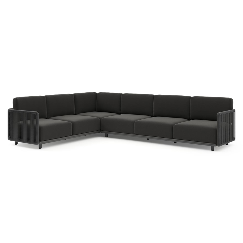 Organo loungehoek in zwart aluminium en zwart verticaal geweven luxe vlakke rope met natte sooty all weather Sunbrella® luxe kussen