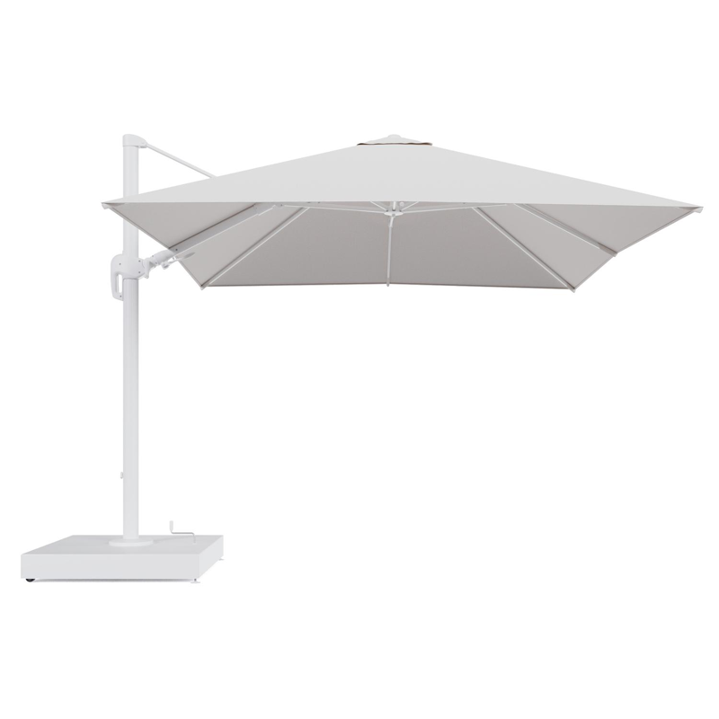 Rufina zweefparasol met tiltfunctie in wit aluminium en Ego Eggshell All Weather Solica parasoldoek - L1 300 x L2 300 cm met parasolvoet Minore 260 kg met wielen