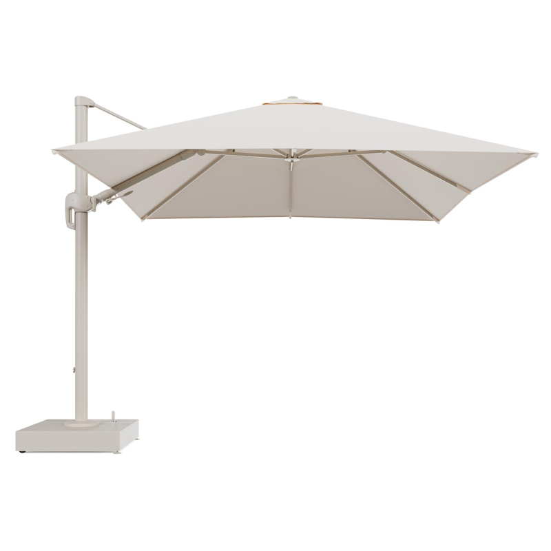 Rufina zweefparasol met tiltfunctie in beige aluminium en Natte Linen Chalk All Weather Sunbrella® Luxe parasoldoek - L1 300 x L2 300 cm met parasolvoet Minore 150 kg met wielen