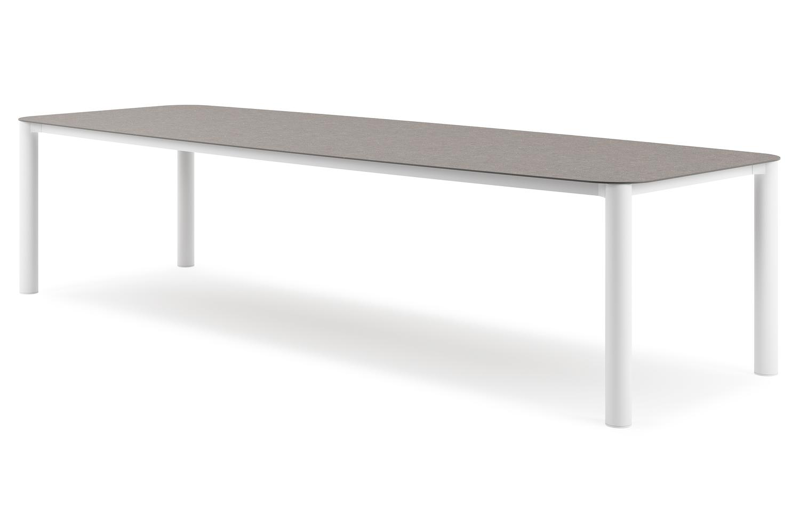 Table de jardin Orso forme de bateau en aluminium blanc et céramique pleine Wulong - Lg. 315 x Lrg. 115 x Haut. 75 cm