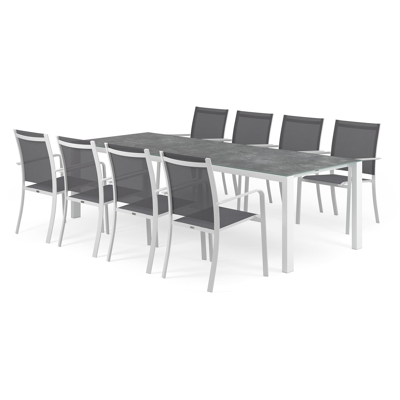 Trente tuinset in wit aluminium en grijs keramisch glas tafelblad met 8 stapelbare Calobra tuinstoelen