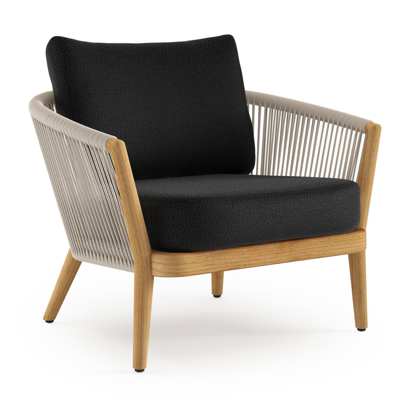 Orso loungestoel in teak en beige verticaal geweven ronde rope met Lopi Baribal all weather sunbrella® luxe kussen