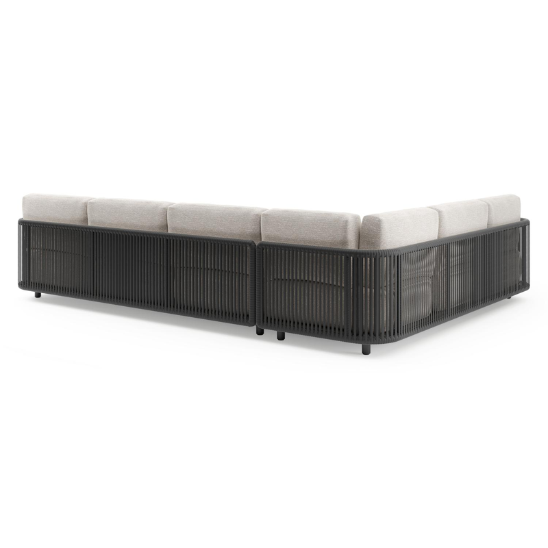 Organo loungehoek in zwart aluminium en zwart verticaal geweven luxe vlakke rope met tundra sand all weather Sunbrella® luxe kussen