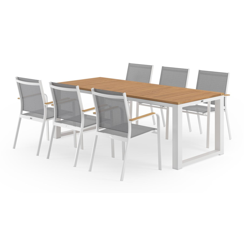 Livo tuinset in wit aluminium en naturel teak tafelblad met 6 stapelbare Amalfi tuinstoelen