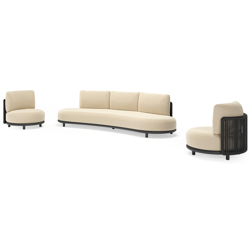 Salon de jardin Lomano en aluminium noir et corde luxe plate tissée verticalement noir et coussins en all weather solica soul papyrus