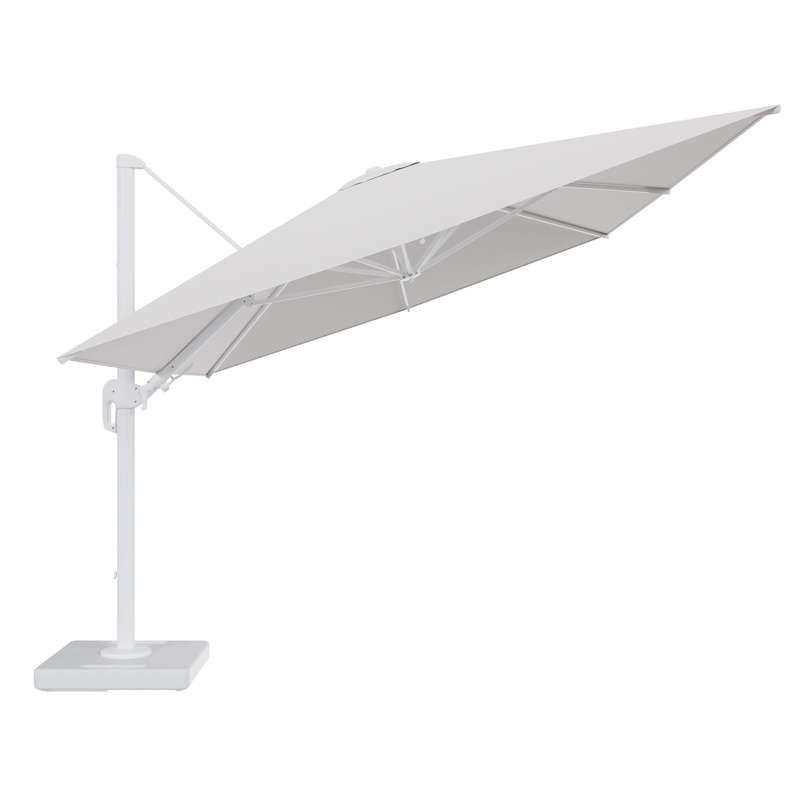 Parasol pendant Rufina avec fonction tilt en aluminium blanc et toile de parasol en All Weather Solica Ego Eggshell - Lg.1 400 x Lg.2 300 cm avec pied de parasol Lapido 160 kg
