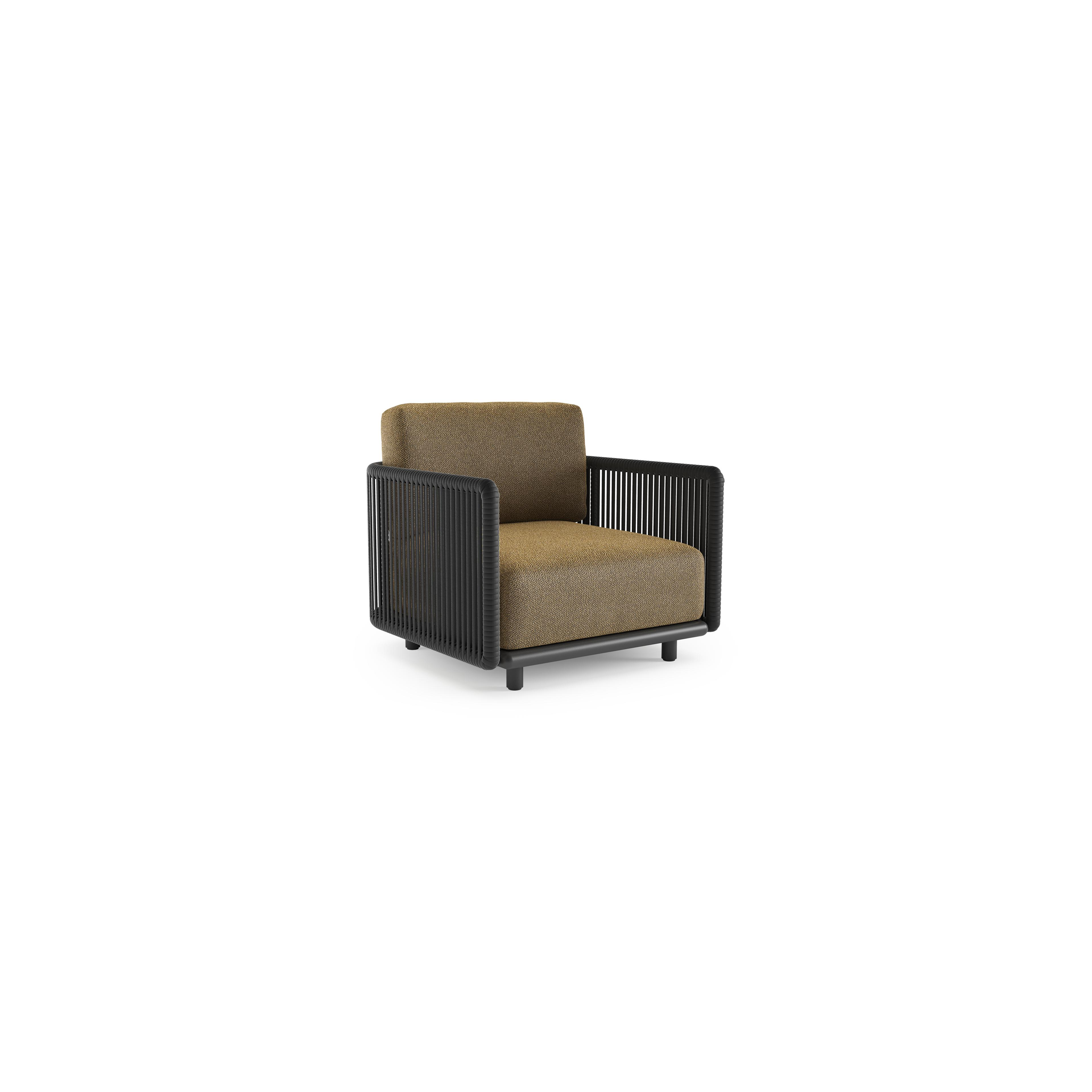 Fauteuil de jardin Organo en aluminium noir et corde luxe plate tissée verticalement noir et coussin en all weather Cosytica madagascar walnut