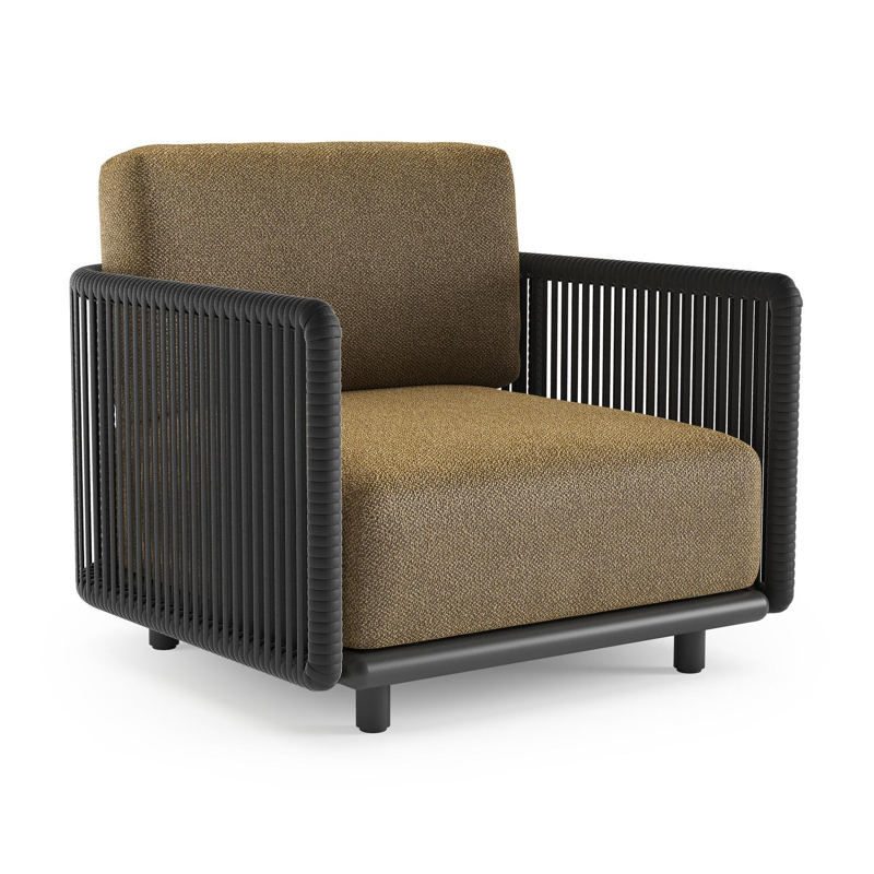 Fauteuil de jardin Organo en aluminium noir et corde luxe plate tissée verticalement noir et coussin en all weather Cosytica madagascar walnut