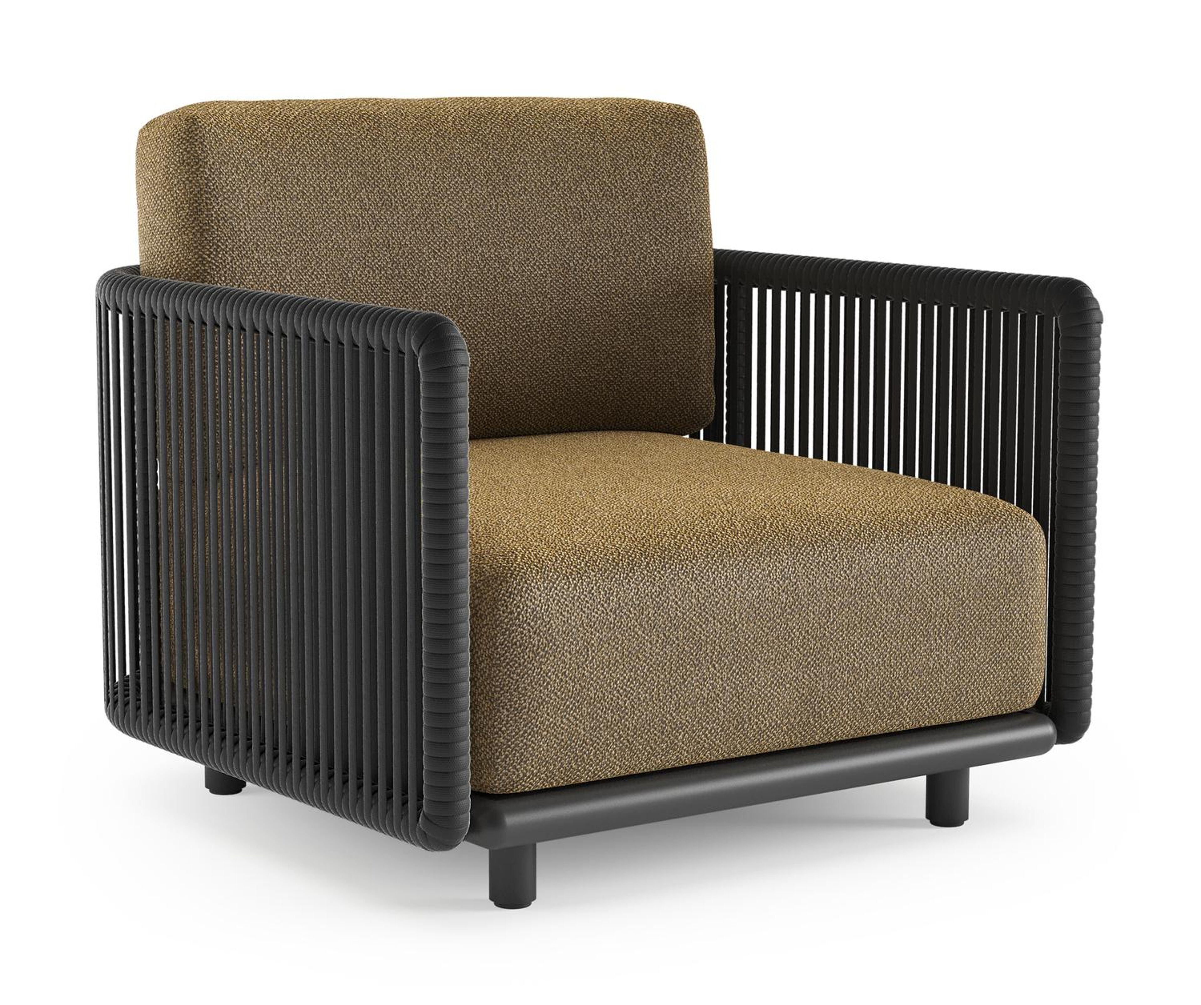 Fauteuil de jardin Organo en aluminium noir et corde luxe plate tissée verticalement noir et coussin en all weather Cosytica madagascar walnut
