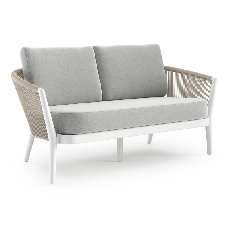 Orso loungebank in wit aluminium en beige verticaal geweven ronde rope met Natte Grey Chine all weather sunbrella® luxe kussen